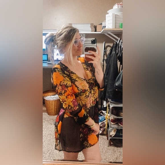 Vintage Y2K Boho Lemon Collection Floral Sheer Deep V Mini Dress Swim coverup - Picture 6 of 16